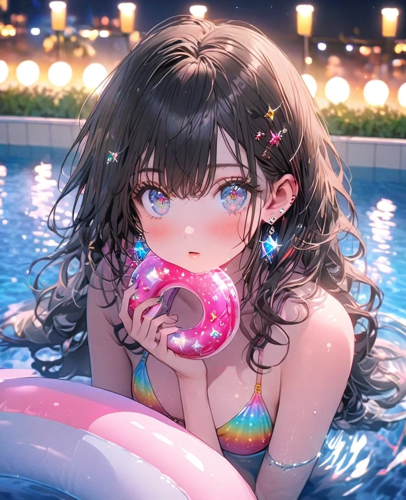 8K,gal，an extremely delicate and beautiful,Beautiful and realistic skin,Shiny jewel-like earrings,Shine like glitter long colorful hair,beautiful eyes,bikini,float ring,beautiful night pool,glitter background