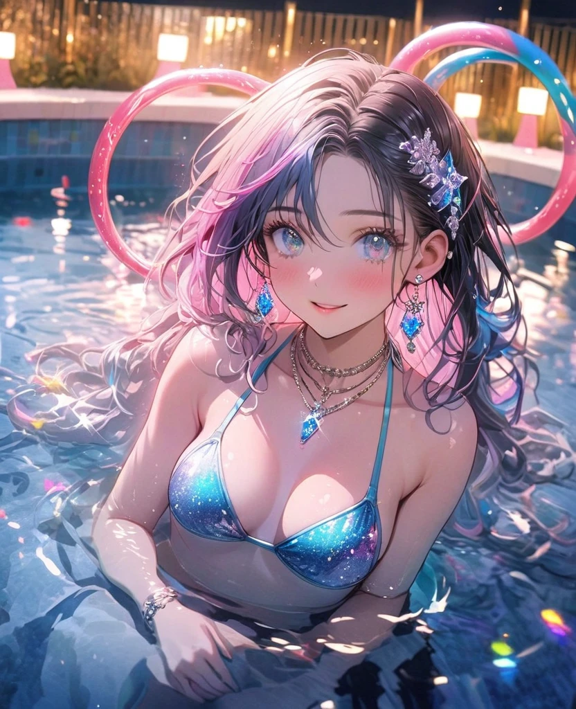 8K,gal，an extremely delicate and beautiful,Beautiful and realistic skin,Shiny jewel-like earrings,Shine like glitter long colorful hair,beautiful eyes,bikini,float ring,beautiful night pool,glitter background