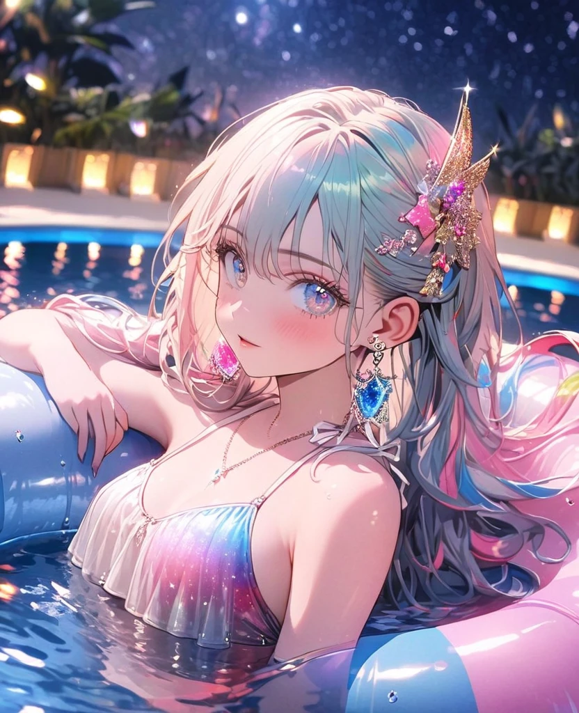 8K,gal,an extremely delicate and beautiful,Beautiful and realistic skin,Shiny jewel-like earrings,Shine like glitter long colorful hair,beautiful eyes,bikini,float ring,beautiful night pool,glitter background