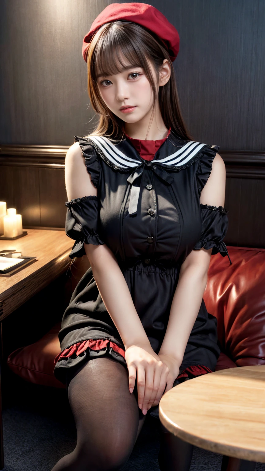 (absurdres:1.3), (highres:1.3), (ultra detailed:1.3),(1girl:1.3), (extremely detailed CG unity 8k wallpaper:1.3), (detailed skin texture, detailed cloth texture, detailed hair texture), (beautiful detailed face, supermodel, pale skin, realistic glistening skin), (RAW photo, best quality), (realistic, photo-realistic:1.4), masterpiece, extremely delicate and beautiful,Amazing, finely detail, extremely detailed CG unity 8k wallpaper, huge filesize, ultra-detailed, highres, absurdres, soft light,rim light, vibrant details, hotel room, straight hair, large breasts, black hair color, Big Natural Color Lip, (perfect body shape), beautiful legs, BREAK (black and red theme:1.4), (black sundress:1.5), (black sailor collar:1.4), ((short sleeve, bishop-sleeve):1.3), (black beret with white ribbon:1.4), (red tie:1.3), (double-breasted on (dress, skirt):1.3), ((red ribbon, white large-button):1.3), (red line on dress:1.2),
BREAK ((dark-brown pantyhose, loafers):1.2), crying a little、little smile, Harajuku style、20 year old girl、cute type、ta、