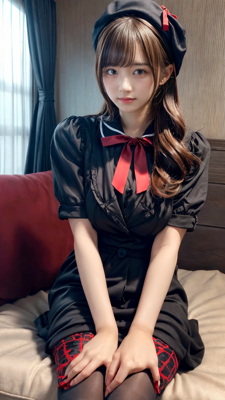 (absurdres:1.3), (highres:1.3), (ultra detailed:1.3),(1girl:1.3), (extremely detailed CG unity 8k wallpaper:1.3), (detailed skin texture, detailed cloth texture, detailed hair texture), (beautiful detailed face, supermodel, pale skin, realistic glistening skin), (RAW photo, best quality), (realistic, photo-realistic:1.4), masterpiece, extremely delicate and beautiful,Amazing, finely detail, extremely detailed CG unity 8k wallpaper, huge filesize, ultra-detailed, highres, absurdres, soft light,rim light, vibrant details, hotel room, straight hair, large breasts, black hair color, Big Natural Color Lip, (perfect body shape), beautiful legs, BREAK (black and red theme:1.4), (black sundress:1.5), (black sailor collar:1.4), ((short sleeve, bishop-sleeve):1.3), (black beret with white ribbon:1.4), (red tie:1.3), (double-breasted on (dress, skirt):1.3), ((red ribbon, white large-button):1.3), (red line on dress:1.2),
BREAK ((dark-brown pantyhose, loafers):1.2), crying a little、little smile, Harajuku style、20 year old girl、cute type、lolita、