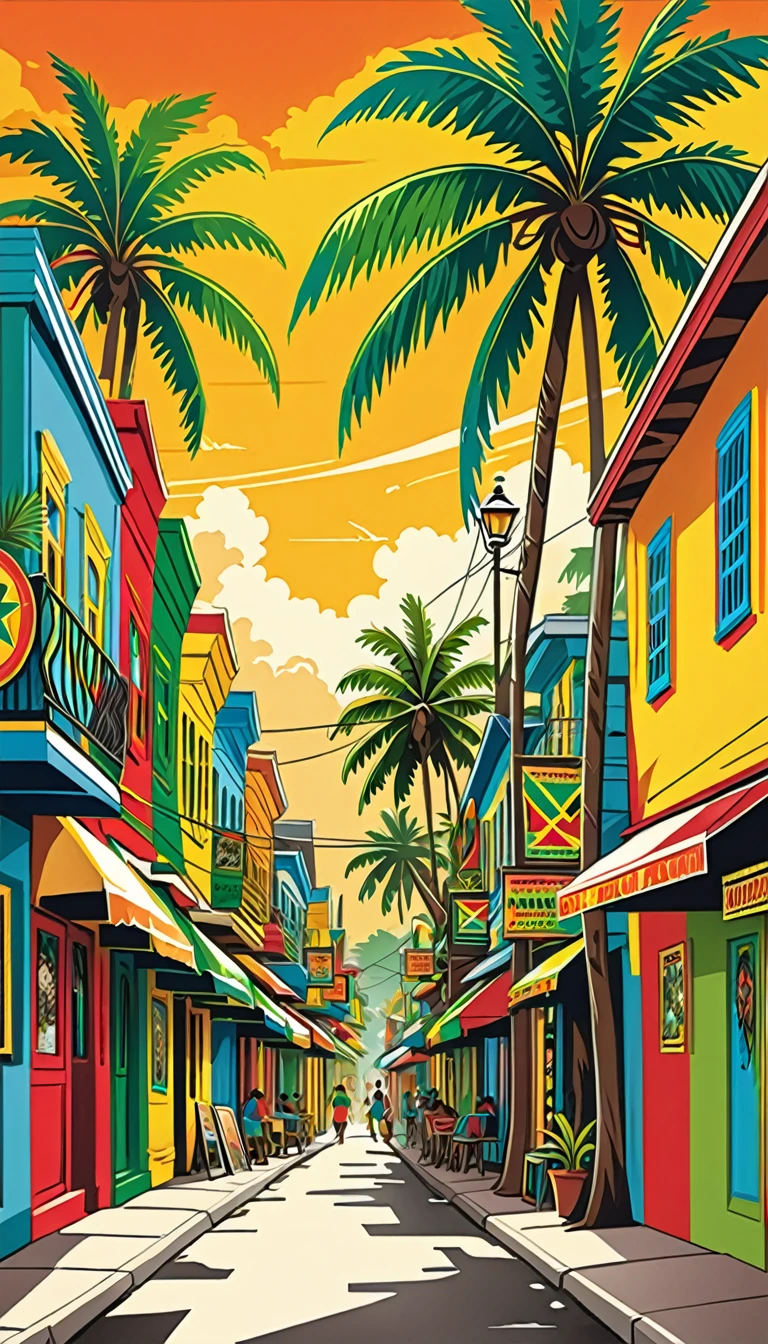 Vector art, Lots of Jamaican Reggae, Authentic Jamaican reggae music atmosphere, Chic colors,Attention to detail,
Streetscape,Shield of David,Rastafarian,Full Luster Color,Palm tree