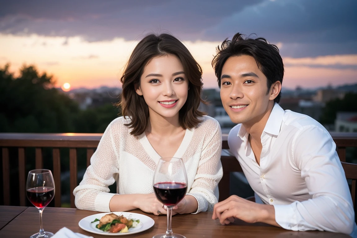 (Realistic:1.2),(masterpiece,Highest quality),8k,((men and women)),Age 35,37 years old、最高のsmile、Happy Couple, Full course dinner at the table、Wine Party、wine glass、White wine、sparkling wine、red wine、Upper Body、Tight waist,Perfect Anatomy, Brown Hair, short hair,Random Hairstyles,Amazing view of the sunset sky and clouds、Long sleeve shirt、dress,((Highly detailed face and eyes:1.2))(Cute Face:1.4),Beautiful actress face,Perfect golden ratio face,woman'suit、Nice,(smile:1.2)、