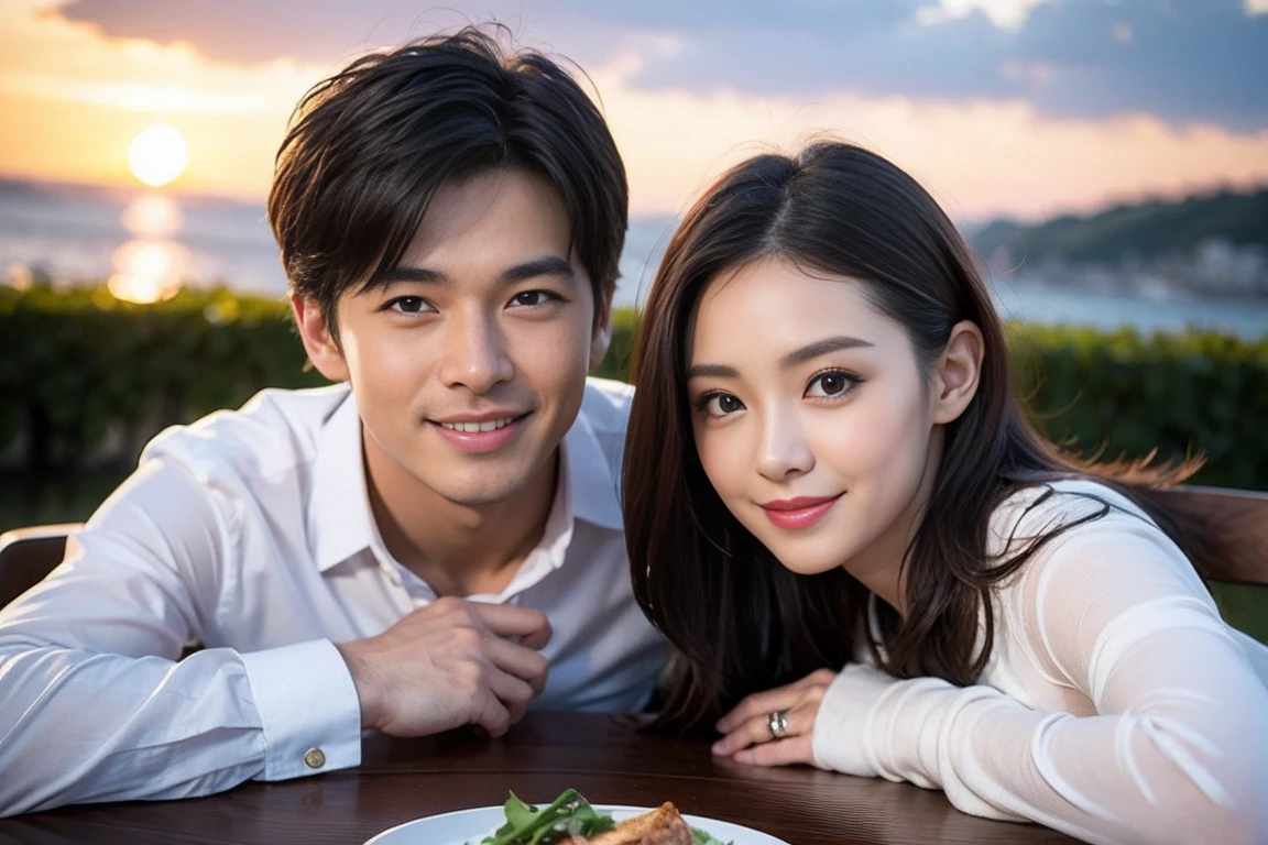 (Realistic:1.2),(masterpiece,Highest quality),8k,((men and women)),40 years old,37 years old、最高のsmile、Happy Couple, Full course dinner at the table、Wine Party、wine glass、White wine、sparkling wine、red wine、Upper Body、Tight waist,Perfect Anatomy, Brown Hair, short hair,Random Hairstyles,Amazing view of the sunset sky and clouds、Long sleeve shirt、dress,((Highly detailed face and eyes:1.2))(Cute Face:1.4),Beautiful actress face,Perfect golden ratio face,woman'suit、Nice,(smile:1.2)、