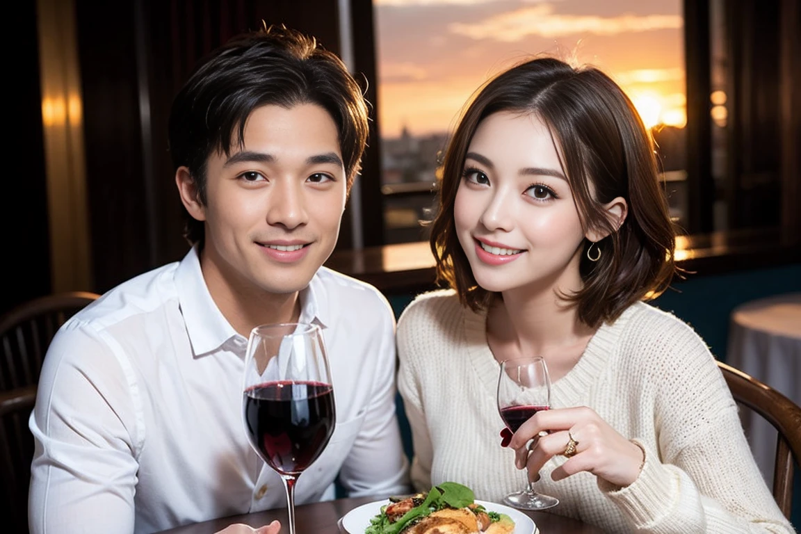 （Realistic:1.2）,(masterpiece,Highest quality)，8k,((men and women)),40 years old,37 years old、最高のsmile、Happy Couple, Full course dinner at the table、Wine Party、wine glass、White wine、sparkling wine、red wine、Upper Body、Tight waist,Perfect Anatomy, Brown Hair, short hair,Random Hairstyles,Amazing view of the sunset sky and clouds、Long sleeve shirt、dress,((Highly detailed face and eyes:1.2))(Cute Face:1.4)，Beautiful actress face，Perfect golden ratio face，woman&#39;suit、Nice,(smile:1.2)、