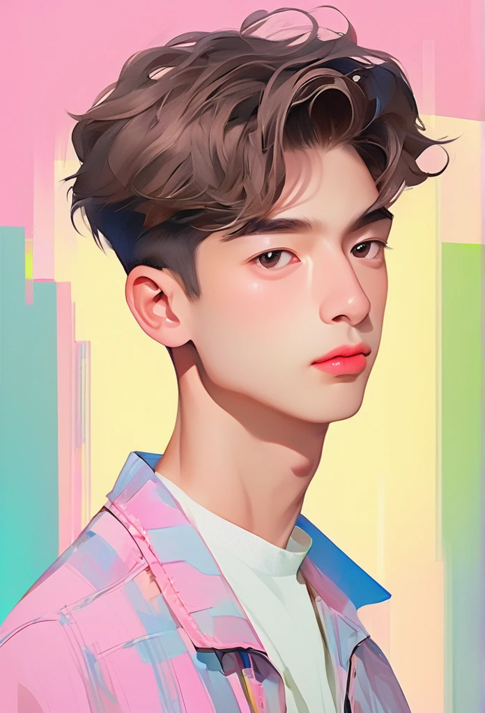 best quality, 1boy, solo, cartoon portrait , simple background,  short hair,   pink lips,