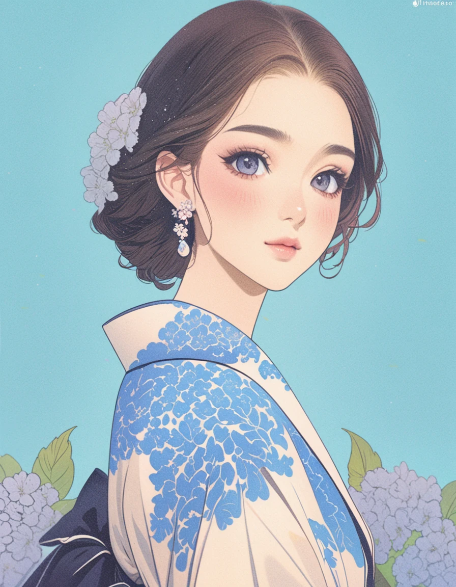 A woman in a blue and white dress with flowers in her hair, Beautiful artwork illustration, Beautiful digital illustrations, Digital anime illustration, Exquisite digital illustrations, Trending on artstration, Anime-style illustrations, Cute and detailed digital art, Japanese art style, Soft anime illustration, Cute art style, Beautiful anime art style, Amazing digital illustrations, Beautiful anime portraits