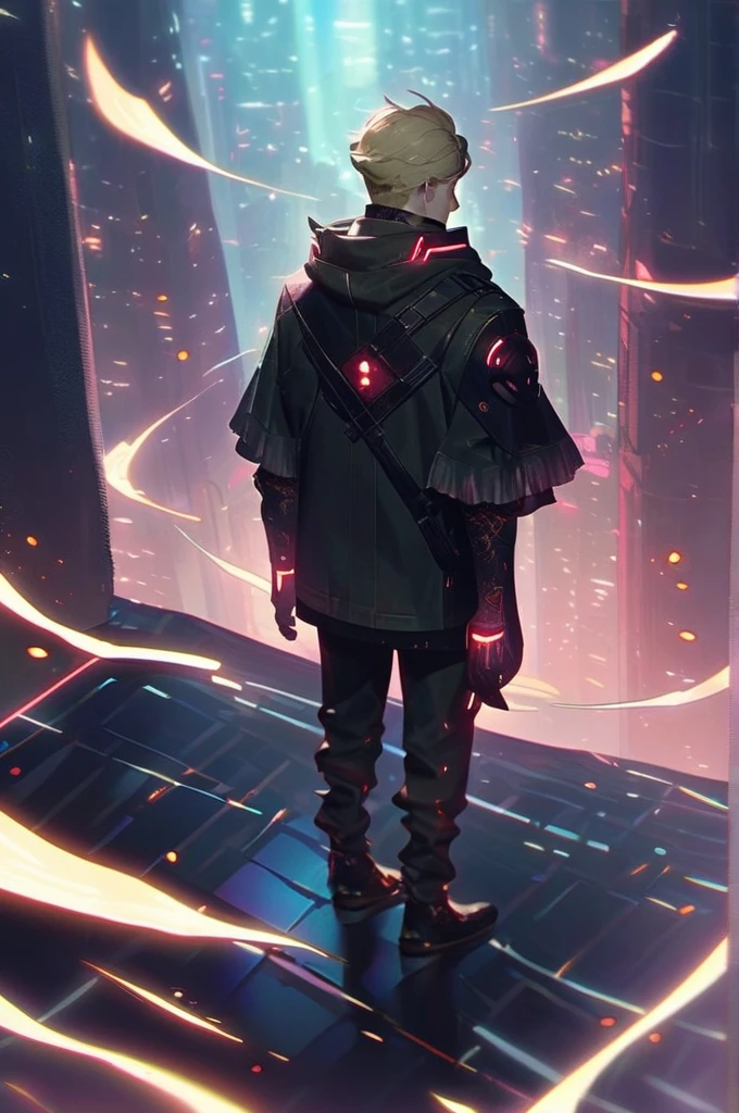 ((Лучшее качество)), ((шедевр)), (подробный), a guy dressed in cyberpunk style, with tattoos on his arms, blond, shaved temples and a ponytail, stands on the edge of the abyss with his arms spread to the side and takes a step into the abyss, and a bright fiery glow comes from the abyss and the city is visible in the distance
