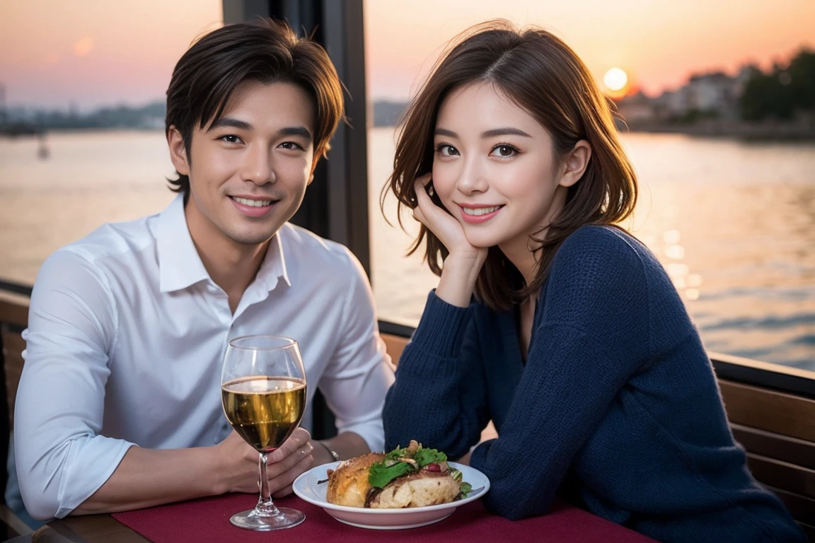 (Realistic:1.2),(masterpiece,Highest quality),8k,((men and women)),Age 35,37 years old、最高のsmile、Happy Couple, Full course dinner at the table、Wine Party、wine glass、White wine、sparkling wine、red wine、Upper Body、Tight waist,Perfect Anatomy, Brown Hair, short hair,Random Hairstyles,Amazing view of the sunset sky and clouds、Long sleeve shirt、dress,((Highly detailed face and eyes:1.2))(Cute Face:1.4),Beautiful actress face,Perfect golden ratio face,woman'suit、Nice,(smile:1.2)、