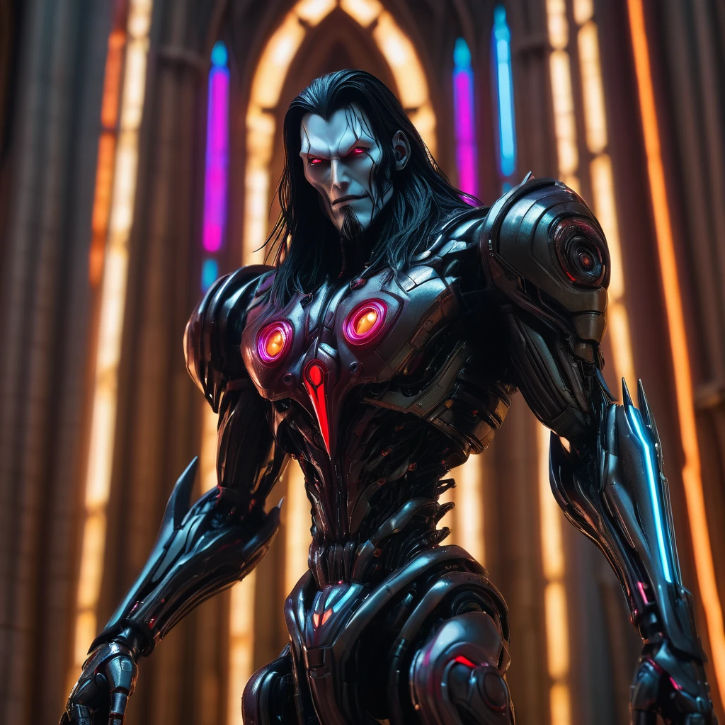 Portrait, Morbius from Marvel, biomechanical, complex robot, full growth, hyper-realistic, insane small details, extremely sharp lines, cyberpunk aesthetic, masterpiece featured on Zbrush Central, gothic brutalist cathedral, cyberpunk, award-winning photo, bokeh, neon lights, cybernetic limb