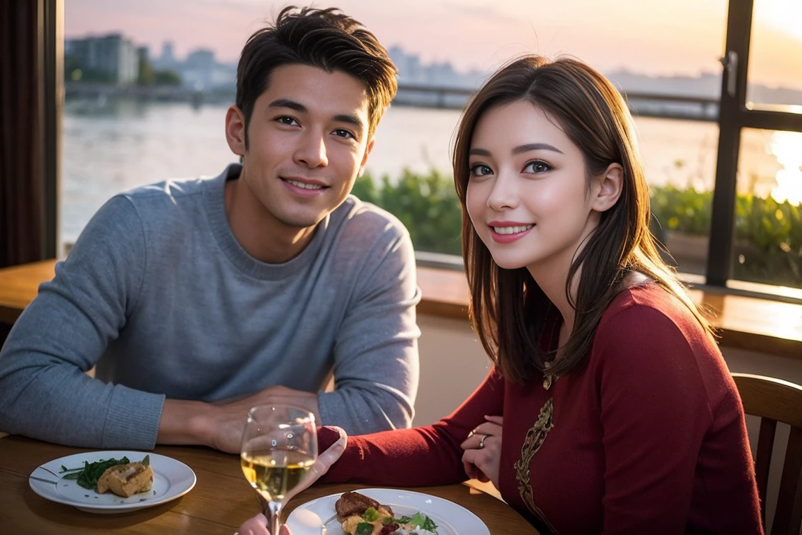 (Realistic:1.2),(masterpiece,Highest quality),8k,((men and women)),40 years old,37 years old、最高のsmile、Happy Couple, Full course dinner at the table、Wine Party、wine glass、White wine、sparkling wine、red wine、Upper Body、Tight waist,Perfect Anatomy, Brown Hair, short hair,Random Hairstyles,Amazing view of the sunset sky and clouds、Long sleeve shirt、dress,((Highly detailed face and eyes:1.2))(Cute Face:1.4),Beautiful actress face,Perfect golden ratio face,woman'suit、Nice,(smile:1.2)、