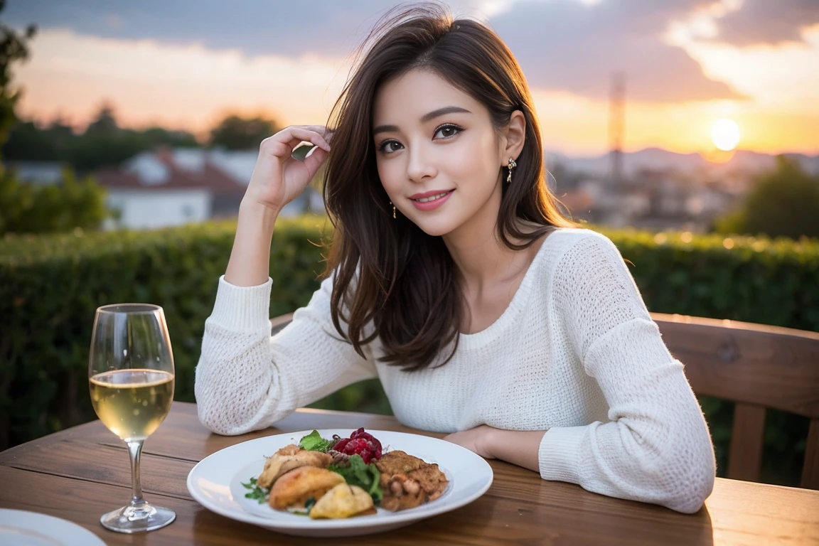 （Realistic:1.2）,(masterpiece,Highest quality)，8k,((men and women)),40 years old,37 years old、最高のsmile、Happy Couple, Full course dinner at the table、Wine Party、wine glass、White wine、sparkling wine、red wine、Upper Body、Tight waist,Perfect Anatomy, Brown Hair, short hair,Random Hairstyles,Amazing view of the sunset sky and clouds、Long sleeve shirt、dress,((Highly detailed face and eyes:1.2))(Cute Face:1.4)，Beautiful actress face，Perfect golden ratio face，woman&#39;suit、Nice,(smile:1.2)、