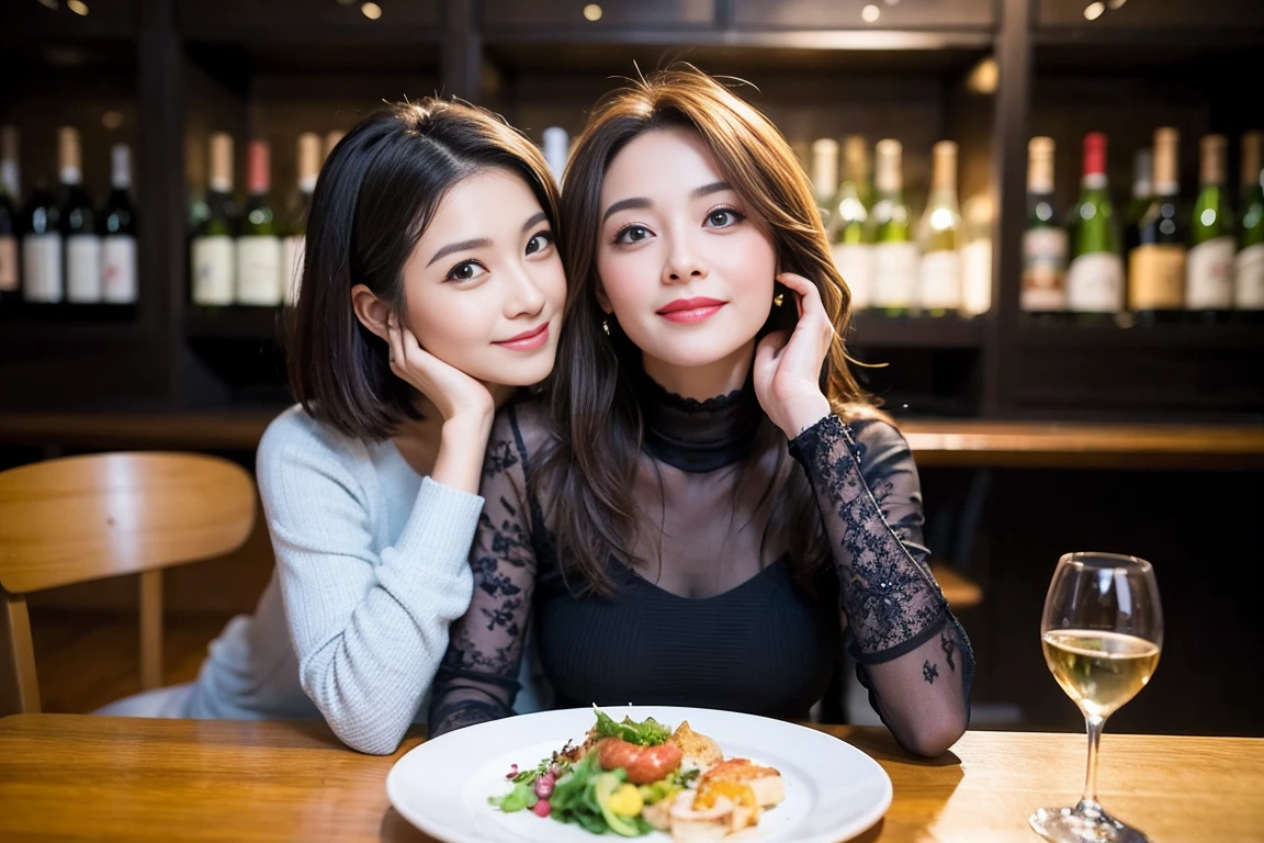 (Realistic:1.2),(masterpiece,Highest quality),8k,((men and women)),40 years old,37 years old、最高のsmile、Happy Couple, Full course dinner at the table、Wine Party、wine glass、White wine、sparkling wine、red wine、Upper Body、Tight waist,Perfect Anatomy, Brown Hair, short hair,Random Hairstyles,Amazing view of the sunset sky and clouds、Long sleeve shirt、dress,((Highly detailed face and eyes:1.2))(Cute Face:1.4),Beautiful actress face,Perfect golden ratio face,woman'suit、Nice,(smile:1.2)、