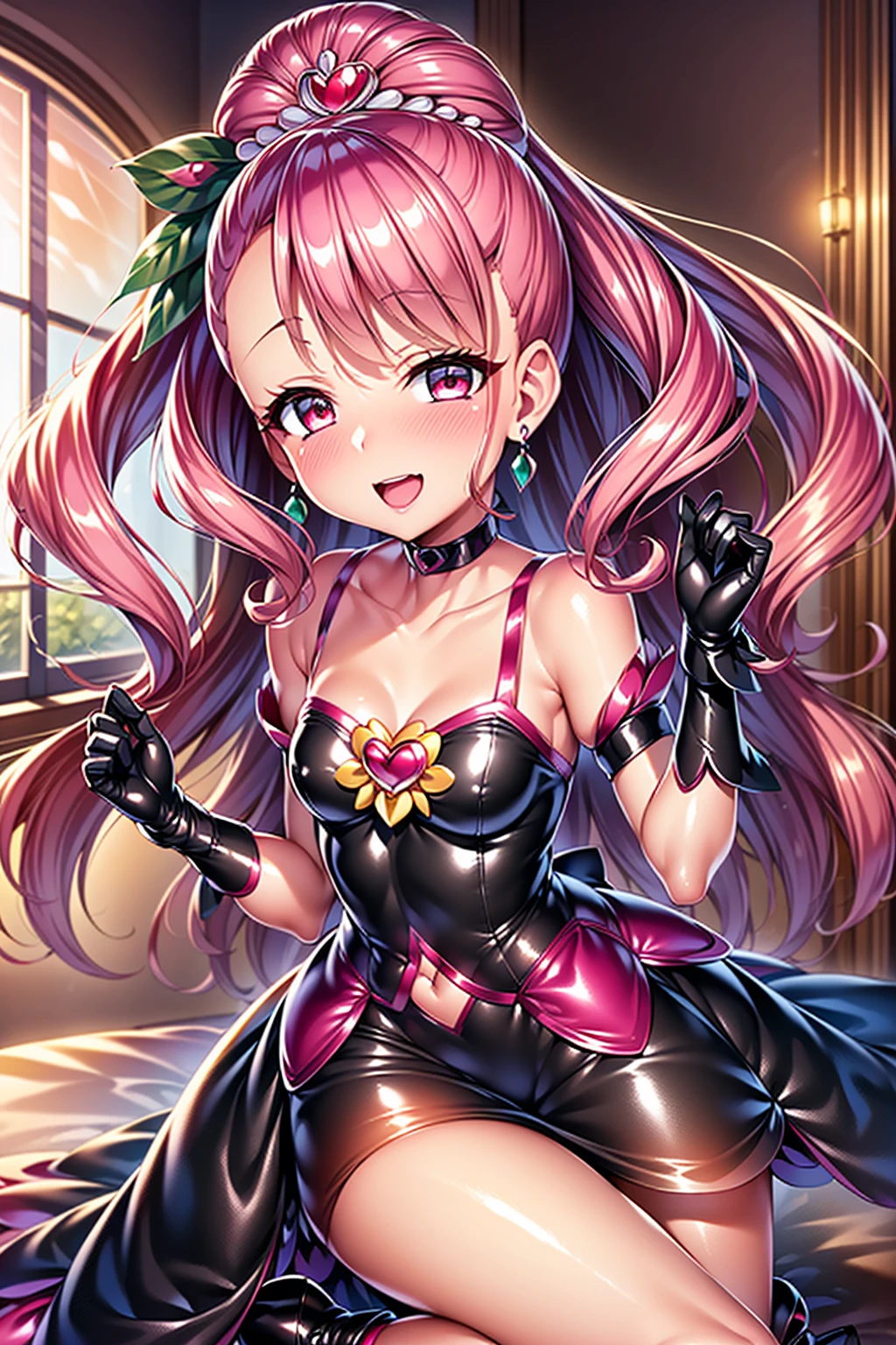 cure grace, 1 girl, pink hair, black hair ornament, (gothic lolita:1.3), black skirt, dark red dress, black tiara, wrist cuffs, black gloves, (black gothic dress:1.3), low bat wings, black fur, blush cheeks, black enamel boots, corruption, half-closed eyes, Jewelry, no pupils, (evil smile), (shiny fabric:1.5) open mouth, dark magical girl