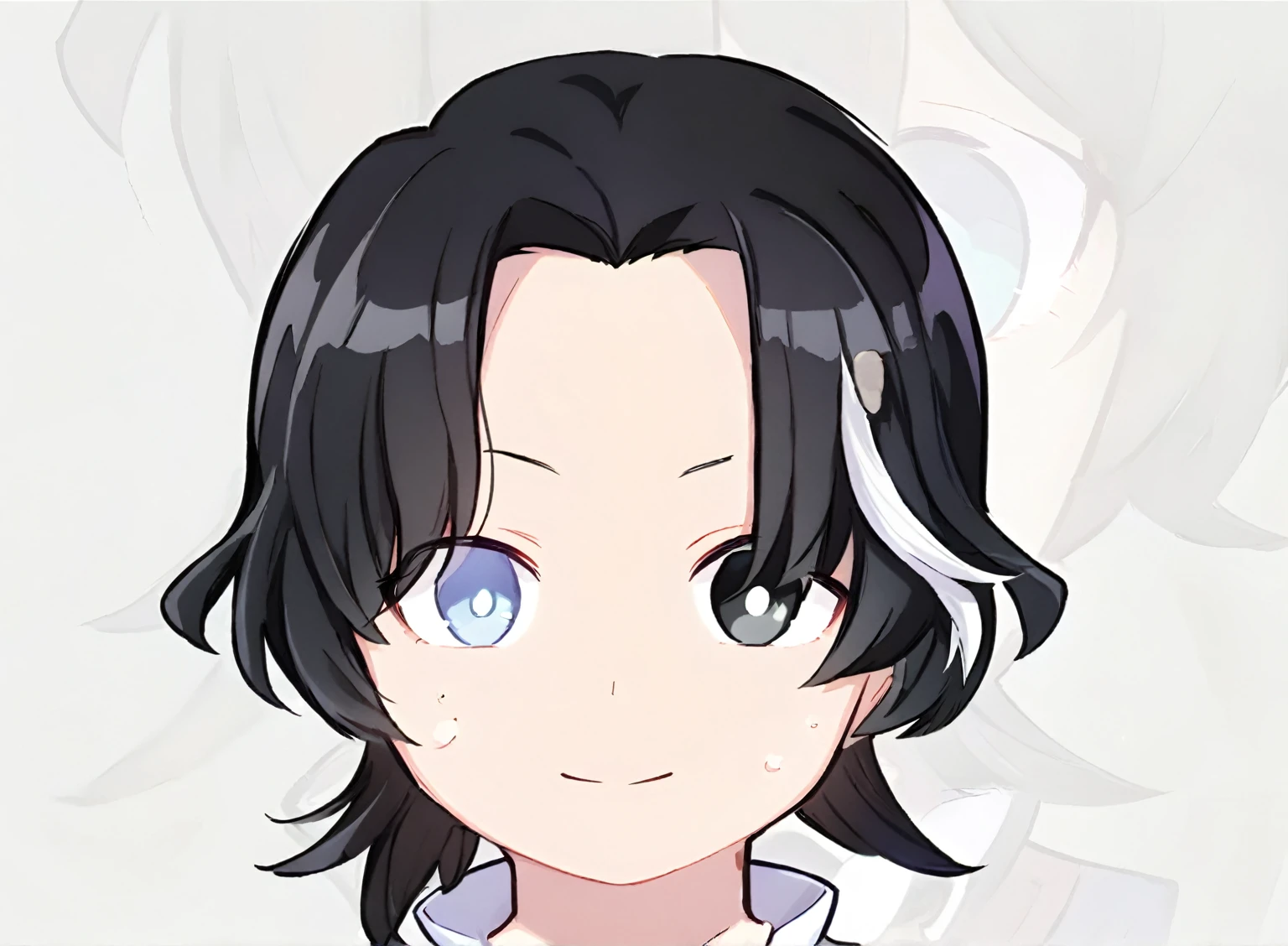 chibi anime, (high quality, Stunning),(yeux expressifs, visage parfait). 1boy, male, bare, chibi, cheveaux noir, a few white locks, white left eye, black right eye, visage neutre, uniquement visage sans cou, neutral white background, Flat Avatar, black outline.