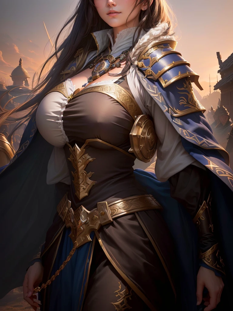 a close up of a woman in a costume holding a chain, smirking male bard, picture of a male cleric, rogue bard, inspired by Fan Kuan, inspired by Li Kan, an epic majestical degen trader, inspired by Huang Ding, arsen lupin as a paladin, inspired by Cao Zhibai, bian lian, inspired by Huang Shen, Highly detailed CG unit 8k wallpaper, masterpiece, High resolution, highest quality, highest quality real texture skin, Super Real, Digital Painting, Best image quality, 最High resolution, 8k, (((Highly detailed eyes and face, Beautiful eyes every detail))), disproportionate breasts, huge breasts, sagging breasts, gigantic breasts, black hair,