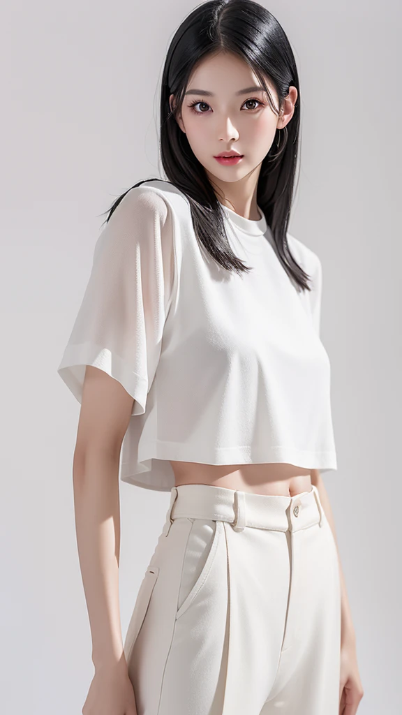 Beautiful asian girl, mid 30s, with black hair, and white clothes. Pose like a model. White background, bright ambience. Model photoshoot, Studio lighting, Beauty photoshoot, 8K resolutions, super realistic skin.