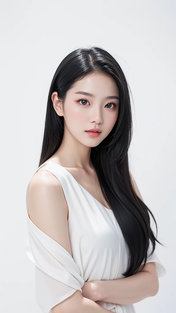 Beautiful asian girl, mid 30s, with black hair, and white clothes. Pose like a model. White background, bright ambience. Model photoshoot, Studio lighting, Beauty photoshoot, 8K resolutions, super realistic skin.