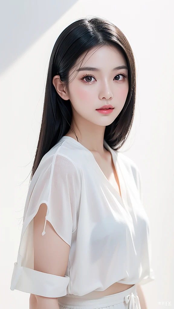 Beautiful asian girl, mid 30s, with black hair, and white clothes. Pose like a model. White background, bright ambience. Model photoshoot, Studio lighting, Beauty photoshoot, 8K resolutions, super realistic skin.
