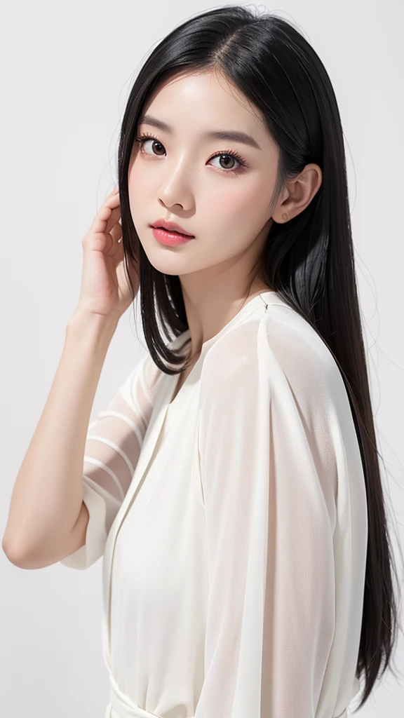 Beautiful asian girl, mid 30s, with black hair, and white clothes. Pose like a model. White background, bright ambience. Model photoshoot, Studio lighting, Beauty photoshoot, 8K resolutions, super realistic skin.