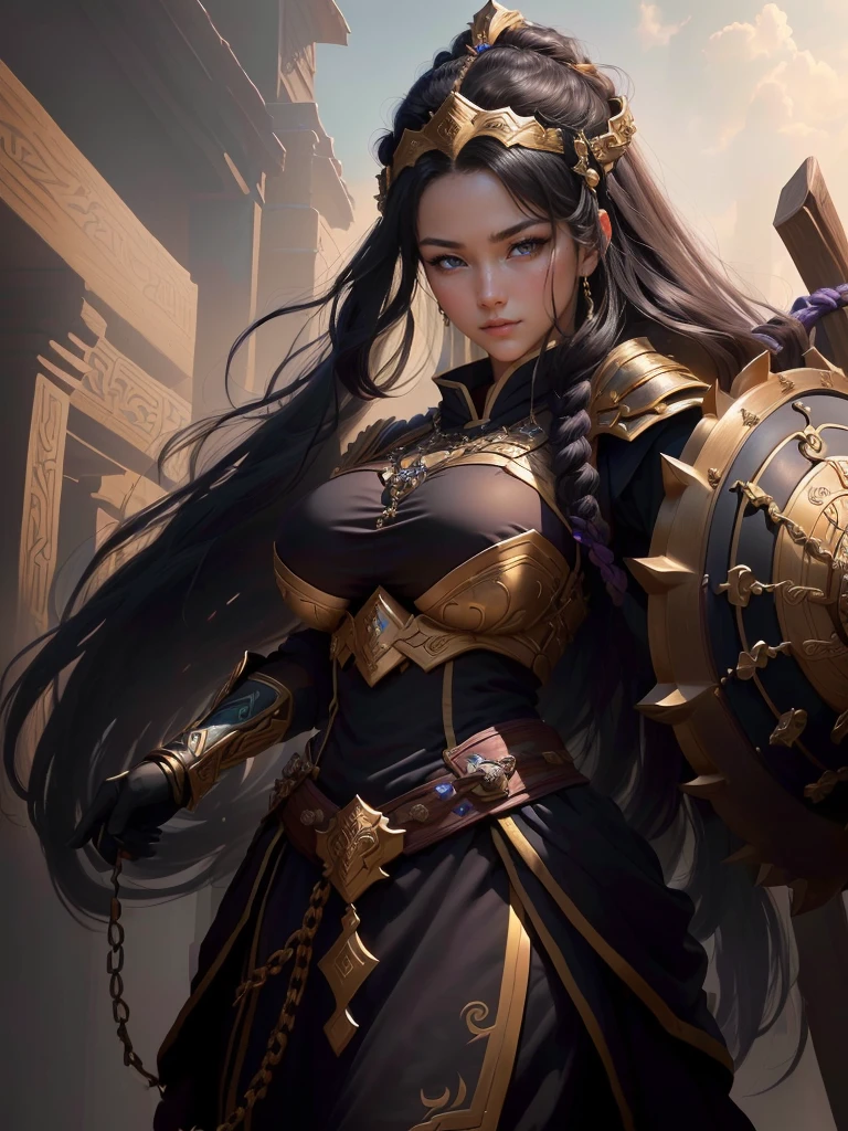 a close up of a woman in a costume holding a chain, smirking male bard, picture of a male cleric, rogue bard, inspired by Fan Kuan, inspired by Li Kan, an epic majestical degen trader, inspired by Huang Ding, arsen lupin as a paladin, inspired by Cao Zhibai, bian lian, inspired by Huang Shen, Highly detailed CG unit 8k wallpaper, masterpiece, High resolution, highest quality, highest quality real texture skin, Super Real, Digital Painting, Best image quality, 最High resolution, 8k, (((Highly detailed eyes and face, Beautiful eyes every detail))), disproportionate breasts, huge breasts, sagging breasts, gigantic breasts, black hair, 