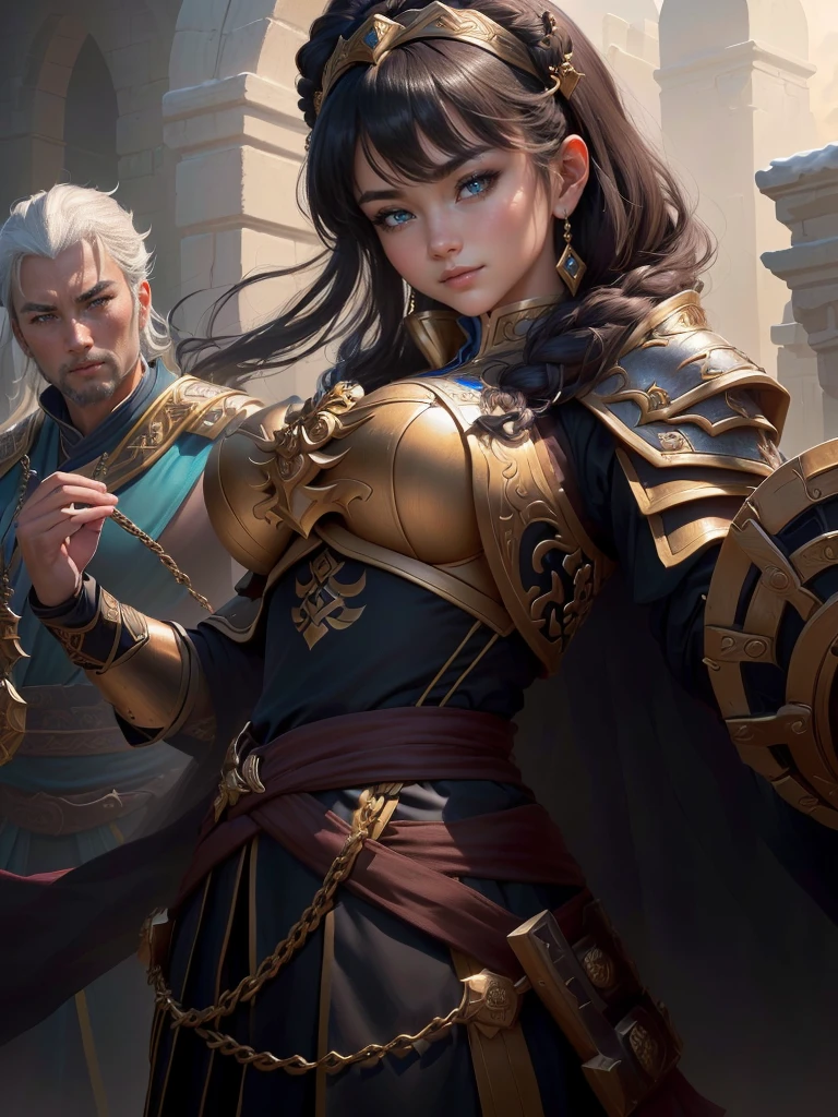 a close up of a woman in a costume holding a chain, smirking male bard, picture of a male cleric, rogue bard, inspired by Fan Kuan, inspired by Li Kan, an epic majestical degen trader, inspired by Huang Ding, arsen lupin as a paladin, inspired by Cao Zhibai, bian lian, inspired by Huang Shen, Highly detailed CG unit 8k wallpaper, masterpiece, High resolution, highest quality, highest quality real texture skin, Super Real, Digital Painting, Best image quality, 最High resolution, 8k, (((Highly detailed eyes and face, Beautiful eyes every detail))), disproportionate breasts, huge breasts, sagging breasts, gigantic breasts, black hair,
