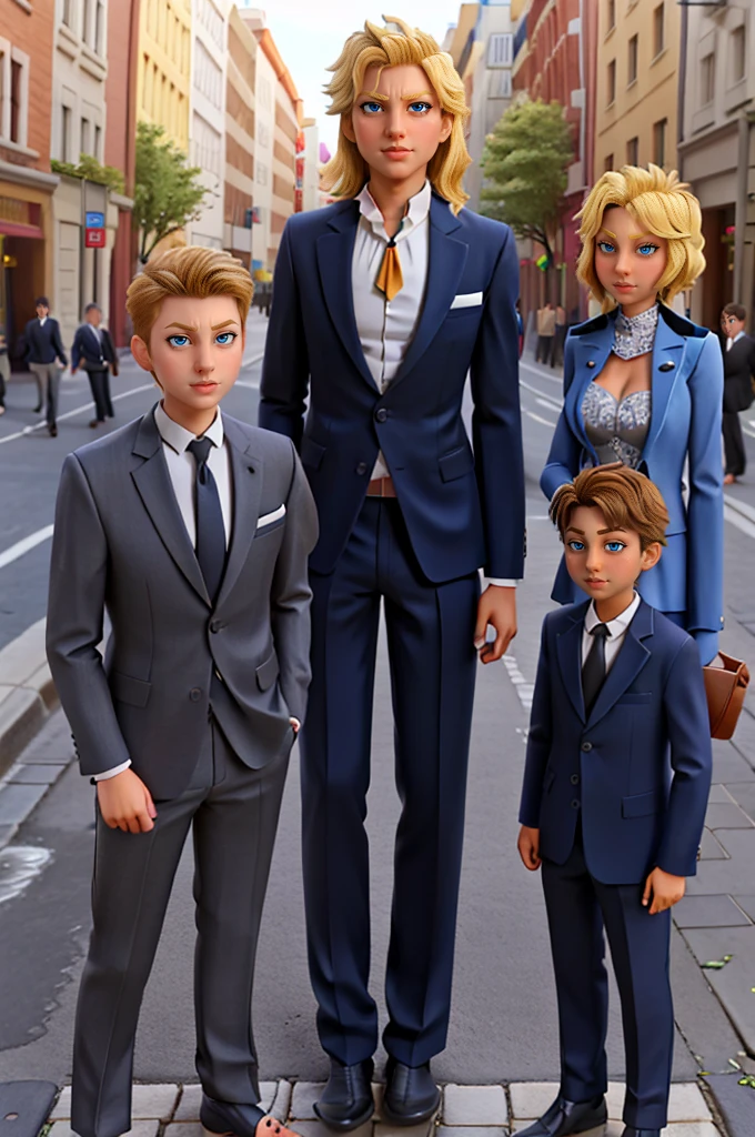 Tall wife in the middle, short husband in the left, short son in the right, beautiful faces, wife is wearing suit and pants, wife has big , wife is showing cleavage, wife is ripped, wife's suit has a belly button cutout, wife has ripped visible abs, make the girls even more taller than the boys, boys are very thin and weak, boys wearing suit and pants, wife is standing barefoot, boys are wearing office shoes