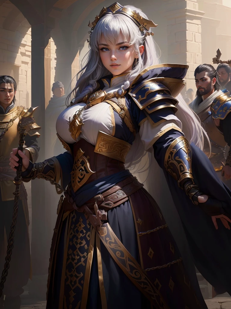 a close up of a woman in a costume holding a chain, smirking male bard, picture of a male cleric, rogue bard, inspired by Fan Kuan, inspired by Li Kan, an epic majestical degen trader, inspired by Huang Ding, arsen lupin as a paladin, inspired by Cao Zhibai, bian lian, inspired by Huang Shen, Highly detailed CG unit 8k wallpaper, masterpiece, High resolution, highest quality, highest quality real texture skin, Super Real, Digital Painting, Best image quality, 最High resolution, 8k, (((Highly detailed eyes and face, Beautiful eyes every detail))), disproportionate breasts, huge breasts, sagging breasts, gigantic breasts, black hair,