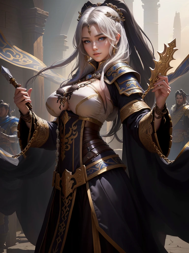 a close up of a woman in a costume holding a chain, smirking male bard, picture of a male cleric, rogue bard, inspired by Fan Kuan, inspired by Li Kan, an epic majestical degen trader, inspired by Huang Ding, arsen lupin as a paladin, inspired by Cao Zhibai, bian lian, inspired by Huang Shen, Highly detailed CG unit 8k wallpaper, masterpiece, High resolution, highest quality, highest quality real texture skin, Super Real, Digital Painting, Best image quality, 最High resolution, 8k, (((Highly detailed eyes and face, Beautiful eyes every detail))), disproportionate breasts, huge breasts, sagging breasts, gigantic breasts, black hair,