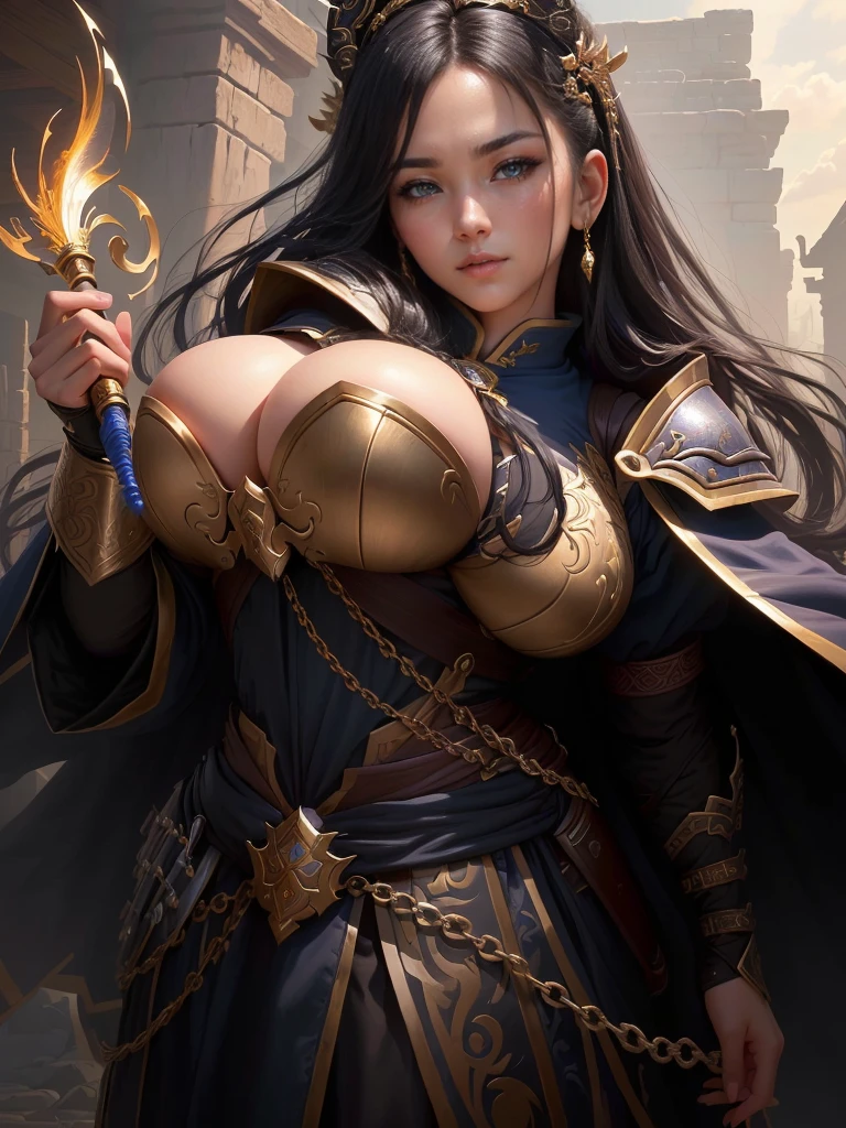 a close up of a woman in a costume holding a chain, smirking male bard, picture of a male cleric, rogue bard, inspired by Fan Kuan, inspired by Li Kan, an epic majestical degen trader, inspired by Huang Ding, arsen lupin as a paladin, inspired by Cao Zhibai, bian lian, inspired by Huang Shen, Highly detailed CG unit 8k wallpaper, masterpiece, High resolution, highest quality, highest quality real texture skin, Super Real, Digital Painting, Best image quality, 最High resolution, 8k, (((Highly detailed eyes and face, Beautiful eyes every detail))), disproportionate breasts, huge breasts, sagging breasts, gigantic breasts, black hair, 