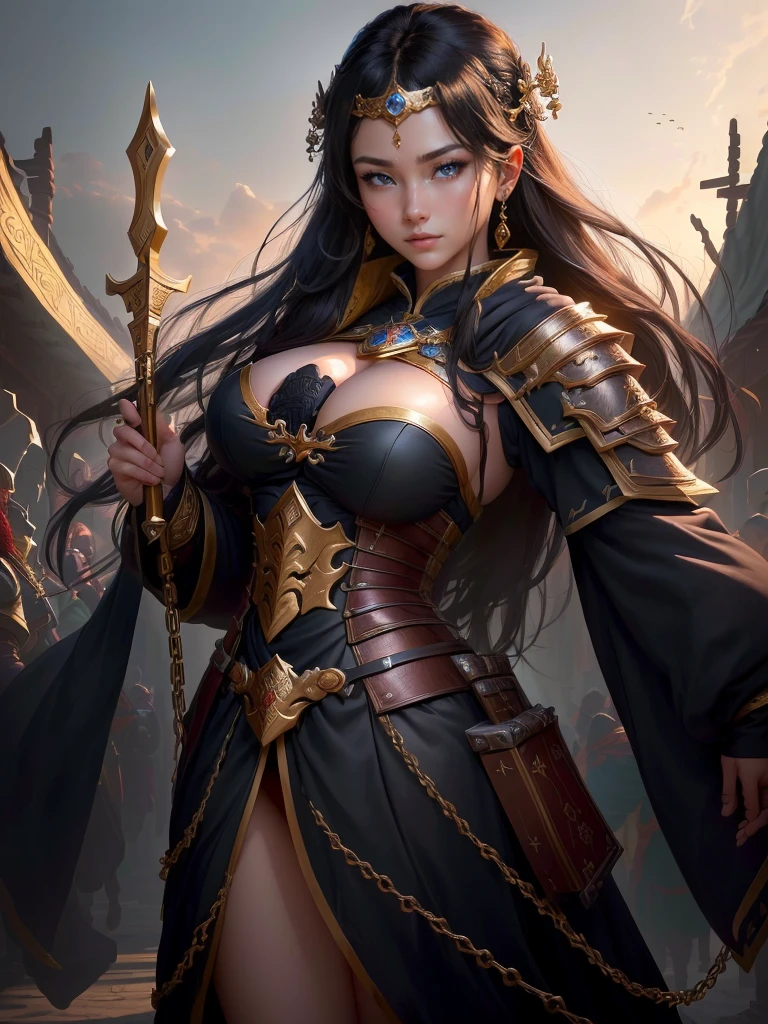 a close up of a woman in a costume holding a chain, smirking male bard, picture of a male cleric, rogue bard, inspired by Fan Kuan, inspired by Li Kan, an epic majestical degen trader, inspired by Huang Ding, arsen lupin as a paladin, inspired by Cao Zhibai, bian lian, inspired by Huang Shen, Highly detailed CG unit 8k wallpaper, masterpiece, High resolution, highest quality, highest quality real texture skin, Super Real, Digital Painting, Best image quality, 最High resolution, 8k, (((Highly detailed eyes and face, Beautiful eyes every detail))), disproportionate breasts, huge breasts, sagging breasts, gigantic breasts, black hair,