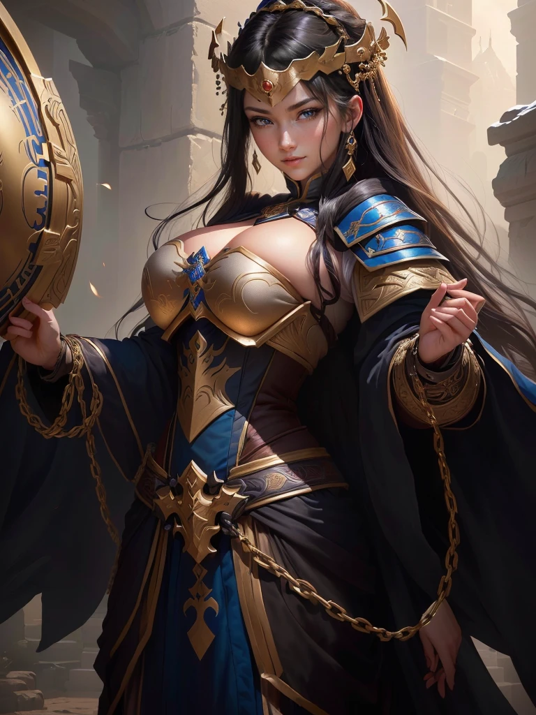 a close up of a woman in a costume holding a chain, smirking male bard, picture of a male cleric, rogue bard, inspired by Fan Kuan, inspired by Li Kan, an epic majestical degen trader, inspired by Huang Ding, arsen lupin as a paladin, inspired by Cao Zhibai, bian lian, inspired by Huang Shen, Highly detailed CG unit 8k wallpaper, masterpiece, High resolution, highest quality, highest quality real texture skin, Super Real, Digital Painting, Best image quality, 最High resolution, 8k, (((Highly detailed eyes and face, Beautiful eyes every detail))), disproportionate breasts, huge breasts, sagging breasts, gigantic breasts, black hair, 