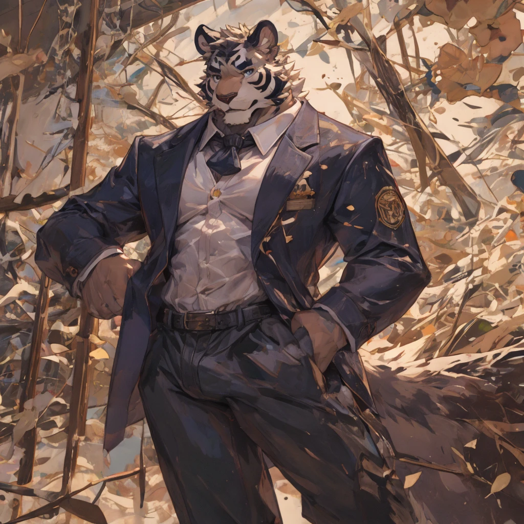 {{bara extremely handsome white tiger,}} {{white fur,}} white, professional model like, wearing elegant ornate suit jacket, trousers, white dress shirt and necktie, white fluffy furry body and limbs, loafers, very tall, very broad shoulders, narrow waist, muscular arms, massive pecs, purple eyes, very long legs, massive bulge, sophisticated hot look, 3/4 view, best quality, high detail, CG image, character splash art, silver earring on left ear, sultry smirk