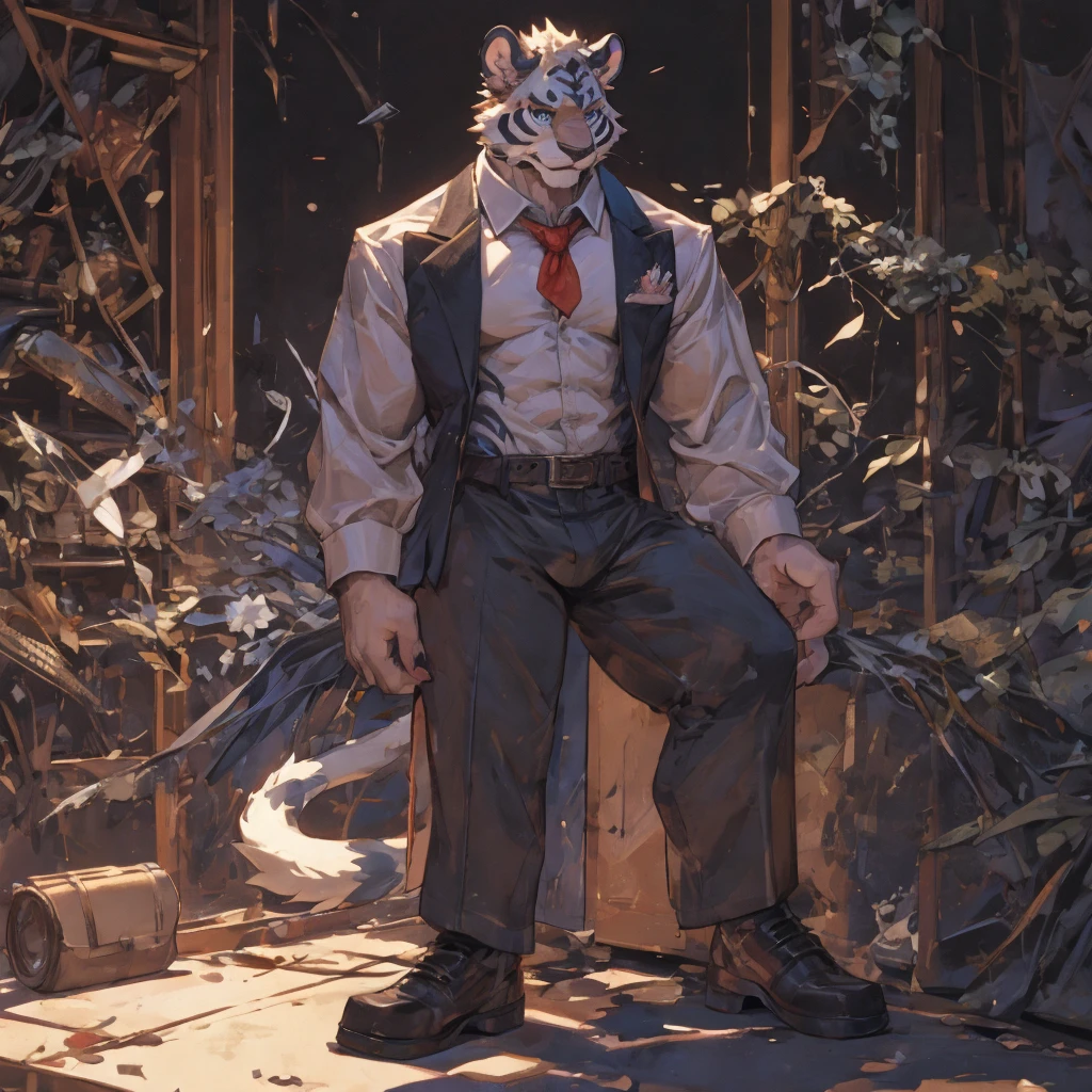 {{bara extremely handsome white tiger,}} {{white fur,}} white, professional model like, wearing elegant ornate suit jacket, trousers, white dress shirt and necktie, white fluffy furry body and limbs, loafers, very tall, very broad shoulders, narrow waist, muscular arms, massive pecs, purple eyes, very long legs, massive bulge, sophisticated hot look, 3/4 view, best quality, high detail, CG image, character splash art, silver earring on left ear, sultry smirk