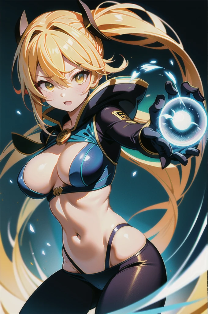 liang xing style a blonde Nami sexy bright winter clothes holds in her hands a glass vessel with energy eye in it, the folhas negras glow with a magical blue light, an aura of golden neon darck magic, the dark petalas de negras style, pronounced lines of the design, an atmosphere of mysticism, concept art, soft, sharp focus, illustration, , high definition digital art, dramatic lighting, high quality ,(action pose ),pronounced contour pattern