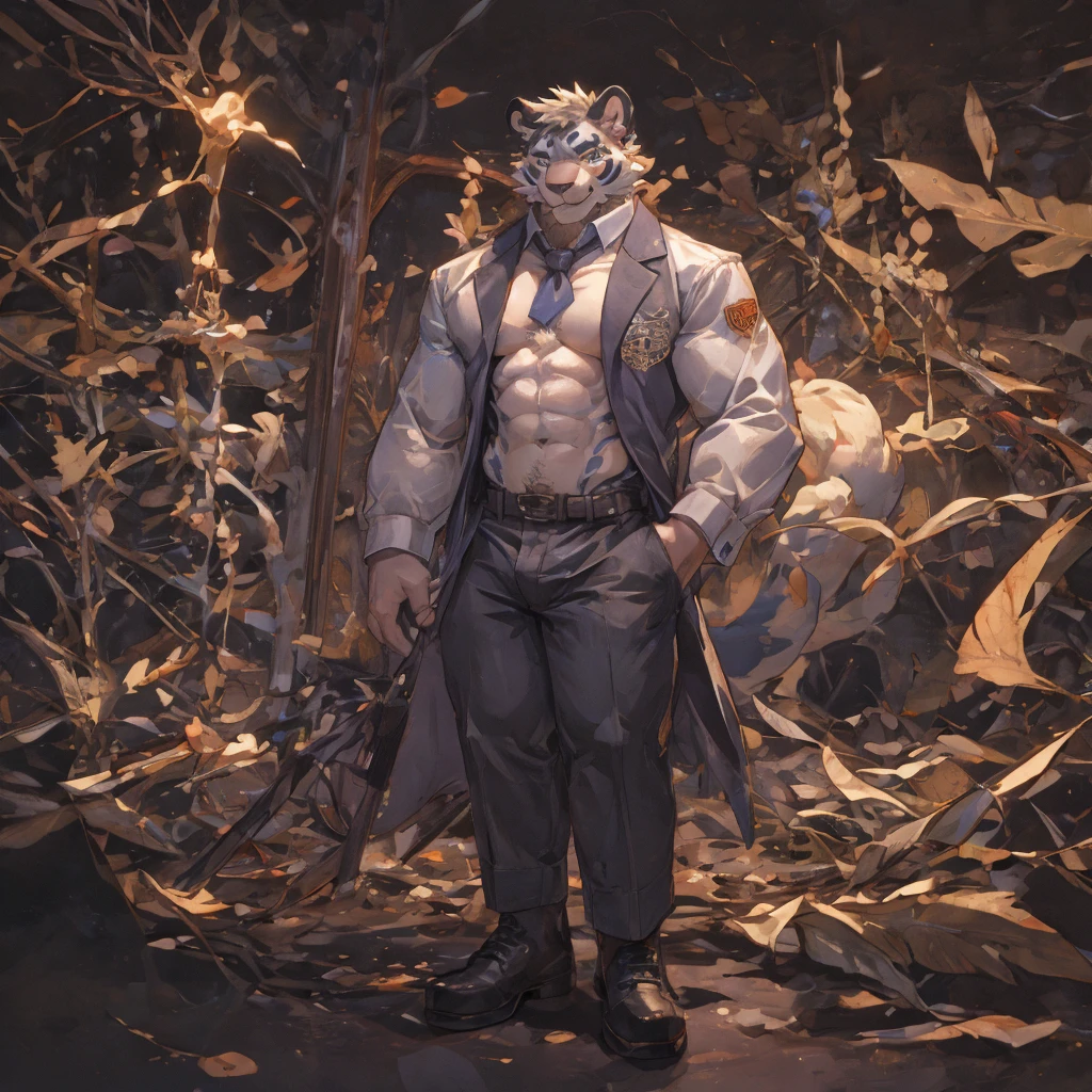 {{bara extremely handsome white tiger,}} {{white fur,}} white, professional model like, wearing elegant ornate suit jacket, trousers, white dress shirt and necktie, white fluffy furry body and limbs, loafers, very tall, very broad shoulders, narrow waist, muscular arms, massive pecs, purple eyes, very long legs, massive bulge, sophisticated hot look, 3/4 view, best quality, high detail, CG image, character splash art, silver earring on left ear, sultry smirk