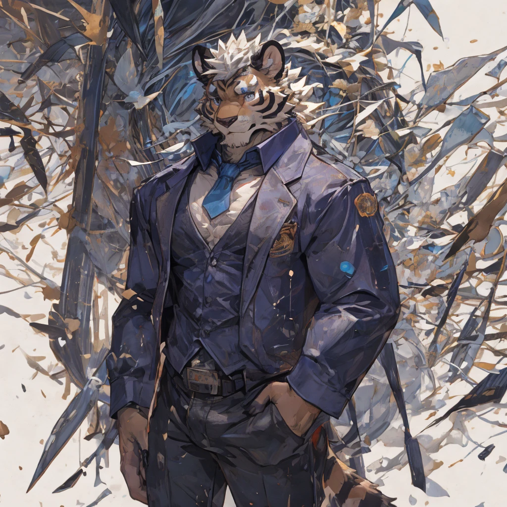 {{bara extremely handsome white tiger,}} {{white fur,}} white, professional model like, wearing elegant ornate suit jacket, trousers, white dress shirt and necktie, white fluffy furry body and limbs, loafers, very tall, very broad shoulders, narrow waist, muscular arms, massive pecs, purple eyes, very long legs, massive bulge, sophisticated hot look, 3/4 view, best quality, high detail, CG image, character splash art, silver earring on left ear, sultry smirk