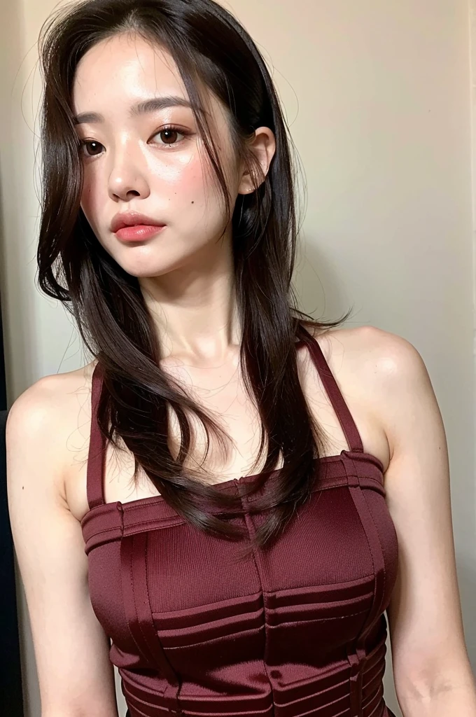 8k、High resolution、masterpiece、Realistic、In detail、Fine texture、Mature Young,ponytail,Red underwear,Age 35,Erotic style,So cute,whole body,Perfect face with soft skin,Gorgeous long brown hair,Erotic beautiful immature woman in fashionable clothes,(Look at the viewers)