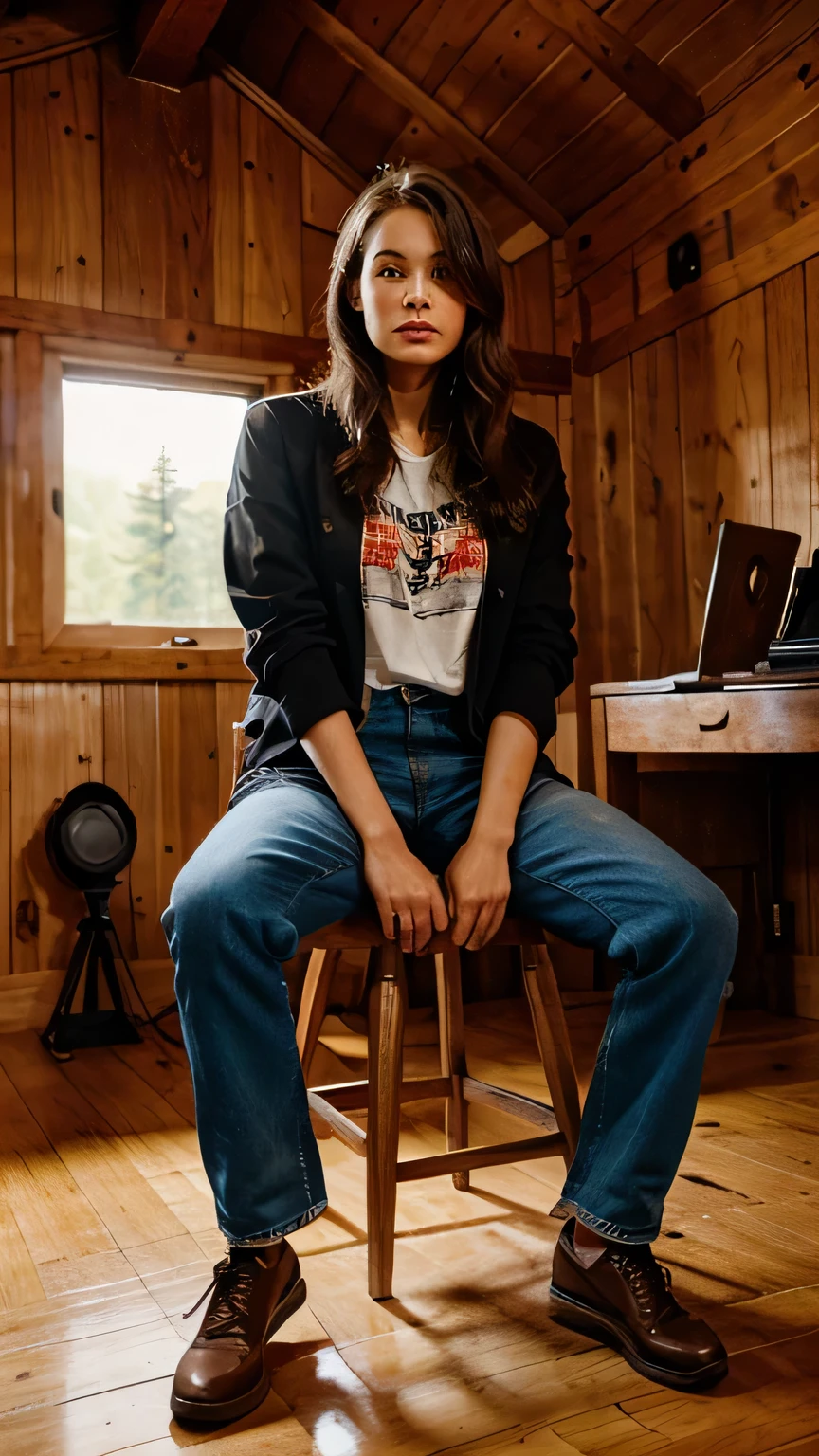Woman model,with clothes designer, sitting on a wooden chair in a cabin, rehearsal style, realistic photo