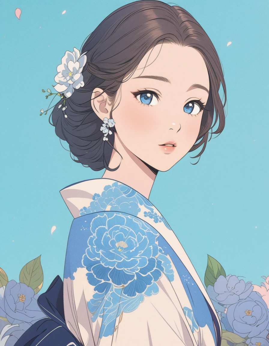 A woman in a blue and white dress with flowers in her hair, Beautiful artwork illustration, Beautiful digital illustrations, Digital anime illustration, Exquisite digital illustrations, Trending on artstration, Anime-style illustrations, Cute and detailed digital art, Japanese art style, Soft anime illustration, Cute art style, Beautiful anime art style, Amazing digital illustrations, Beautiful anime portraits