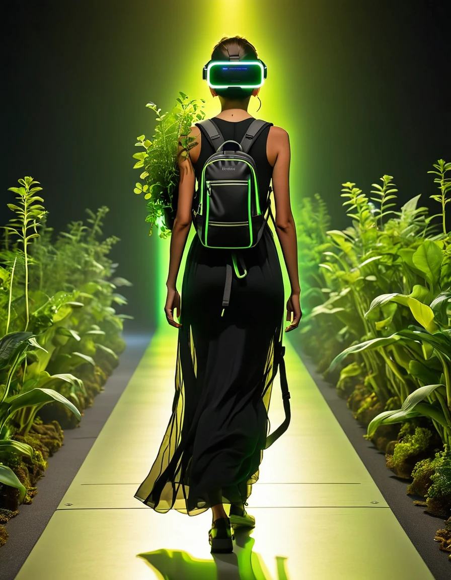 The image depicts a person standing on a runway at night. They are wearing a long, black dress and a backpack that emits a bright green light. The backpack appears to be transparent and filled with plants. The person is wearing a virtual reality glasses connected to the backpack by a tube, and the yellow light from.