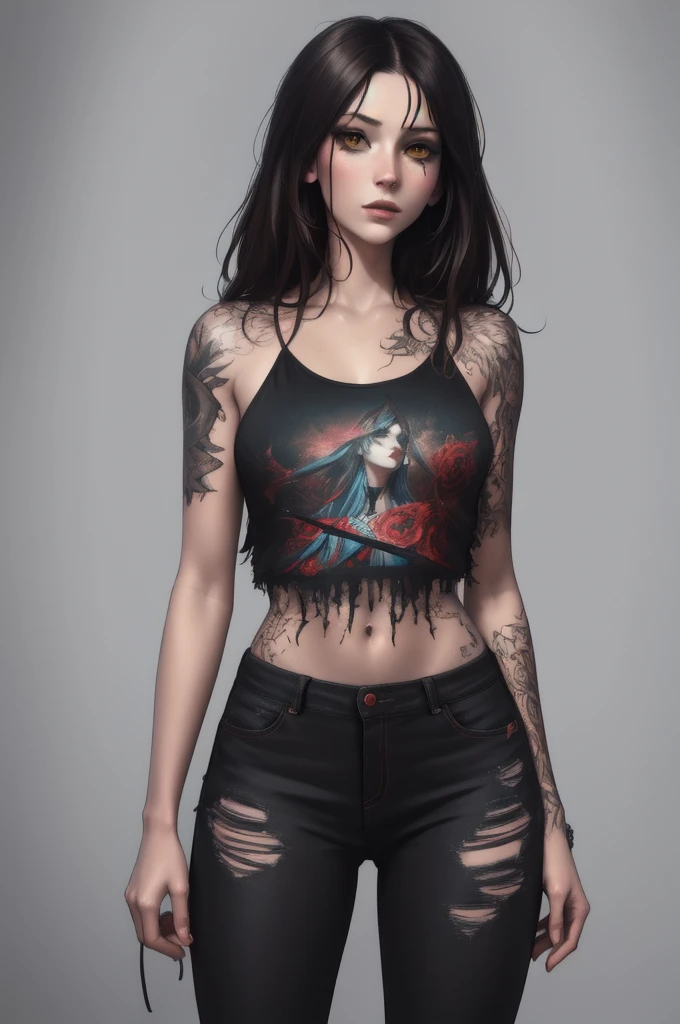 ((One woman)), UHD, high detail, high quality, super detail, ultra-fine illustration, 16k,Ghibli, gray hair, big eyes, long eyelashes, very long eyelashes, ethnic tattoos, (tattoos that cover the entire body), ((lots of tattoos)), tattoos on the chest, tattoos on arms, tattoos on fingers, (tattoos all over the chest), beautiful features, neutral facial features, (short hair) tattoo, solo, red eyes, white hair, curly hair in bun, black tight sweater, black jean shorts, choker, tattoos on thighs, lip piercing, (left hand has fire in palms right hand holding sword on hip), goth, sexy body, flirty personality, 8k, highly detailed. full body portrait, tattoos circling the thighs, ear piercing, --auto --s2