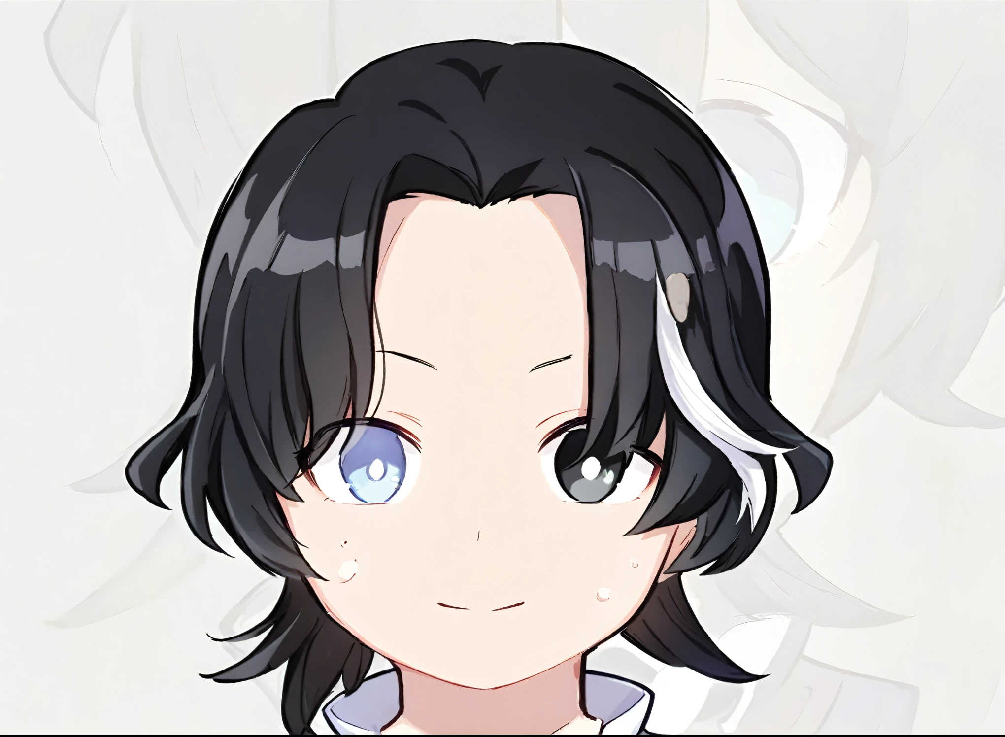 chibi anime, (high quality, Stunning),(yeux expressifs, visage parfait). 1boy, male, bare, chibi, cheveaux noir, a few white locks, white left eye, black right eye, visage neutre, uniquement visage sans cou, neutral white background, Flat Avatar, black outline.