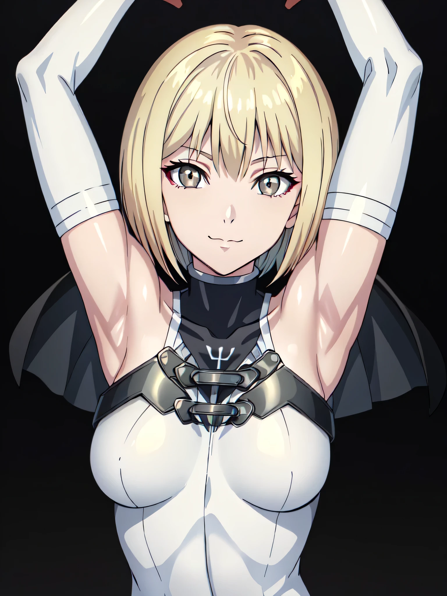 clare, (grey eyes:1.3), blonde hair, armor, bodysuit, detached sleeves, (white detached sleeves:1.3), bare shoulders, 1girl, solo, anime screencap, frontlighting, (simple background, black background, dark background:1.3), masterpiece, absurdres, hdr, soft light, best quality, detailed, highres, shiny skin, shiny hair, (looking at viewer, eye contact with viewer:1.5), light smile, (closed mouth:1.2), arms up, raised arms, armpits, in the center, symmetrical, upright,