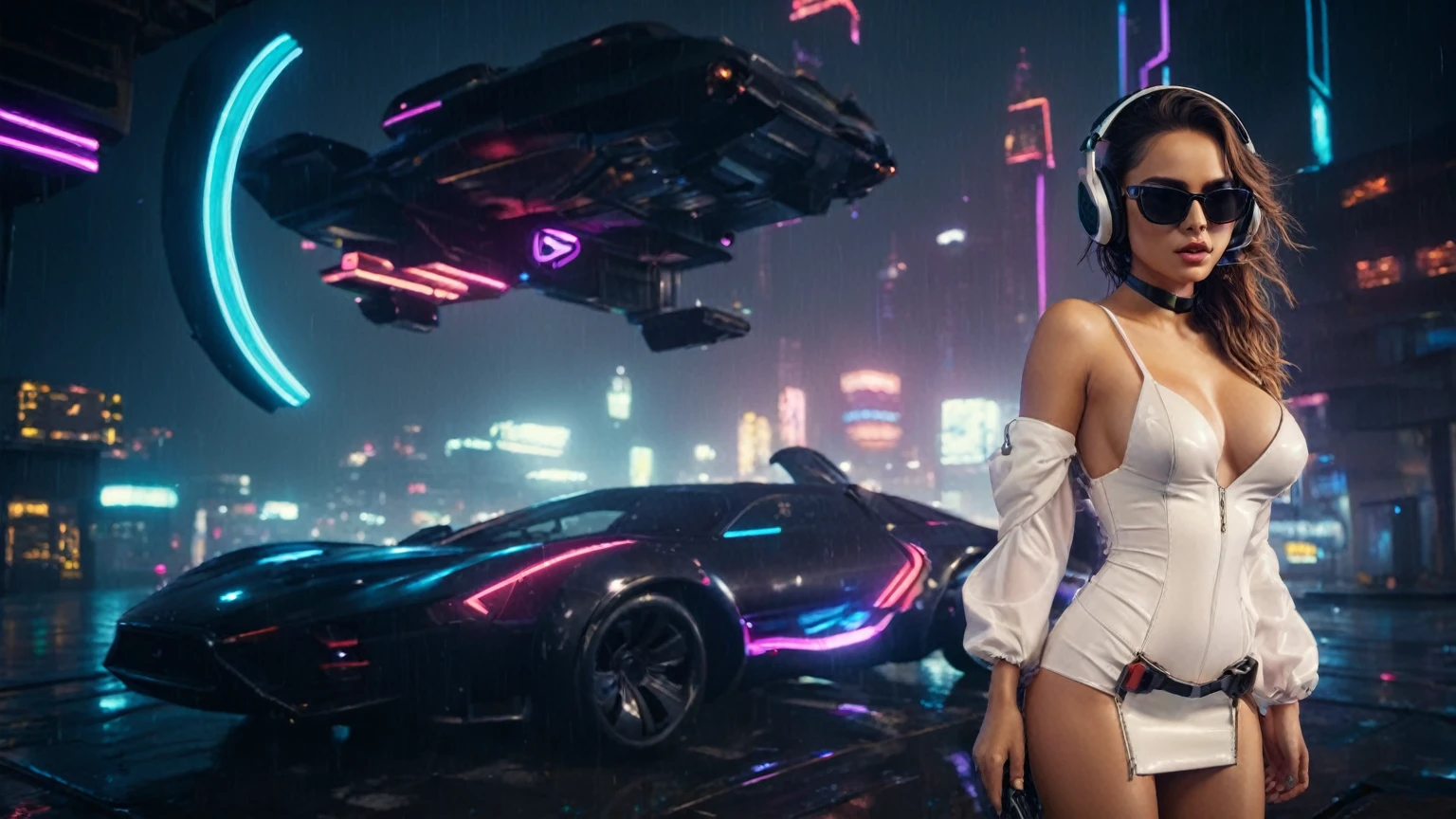 (aerial view, a flying cars docking platform, a very dark abandoned futuristic city, neon lights), rainy night. (((1girl, solo, alone))), large-breast:1.2 slim body, cleavage:1.1, sexy wind blowing wet dress:1.4, (((headphone, black sunglasses, standing and holding pistol:1.8, dynamic rushing pose))), (((((half-body thigh level medium shot))))), cinematic lighting, lens flare, ray tracing.