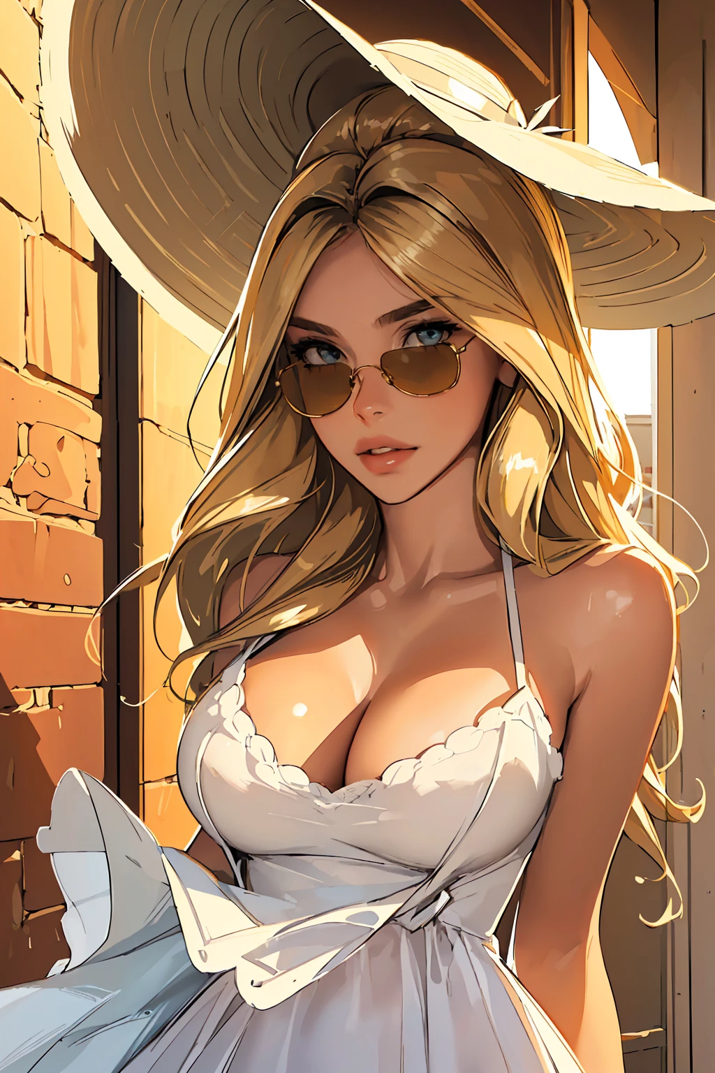 (best quality: 1.2), clean face, (masterpiece: 1.2, 8k) perfect anatomy, 1girl,a beautiful fashion model ,(masterpiece, official art, best quality shiny hair, blonde hair with streaks in hair, full lips, big breasts, slutty outfit, cleavage, shiny skin, looking at viewer, (sun dress, sun hat, sun glasses), long abdomen