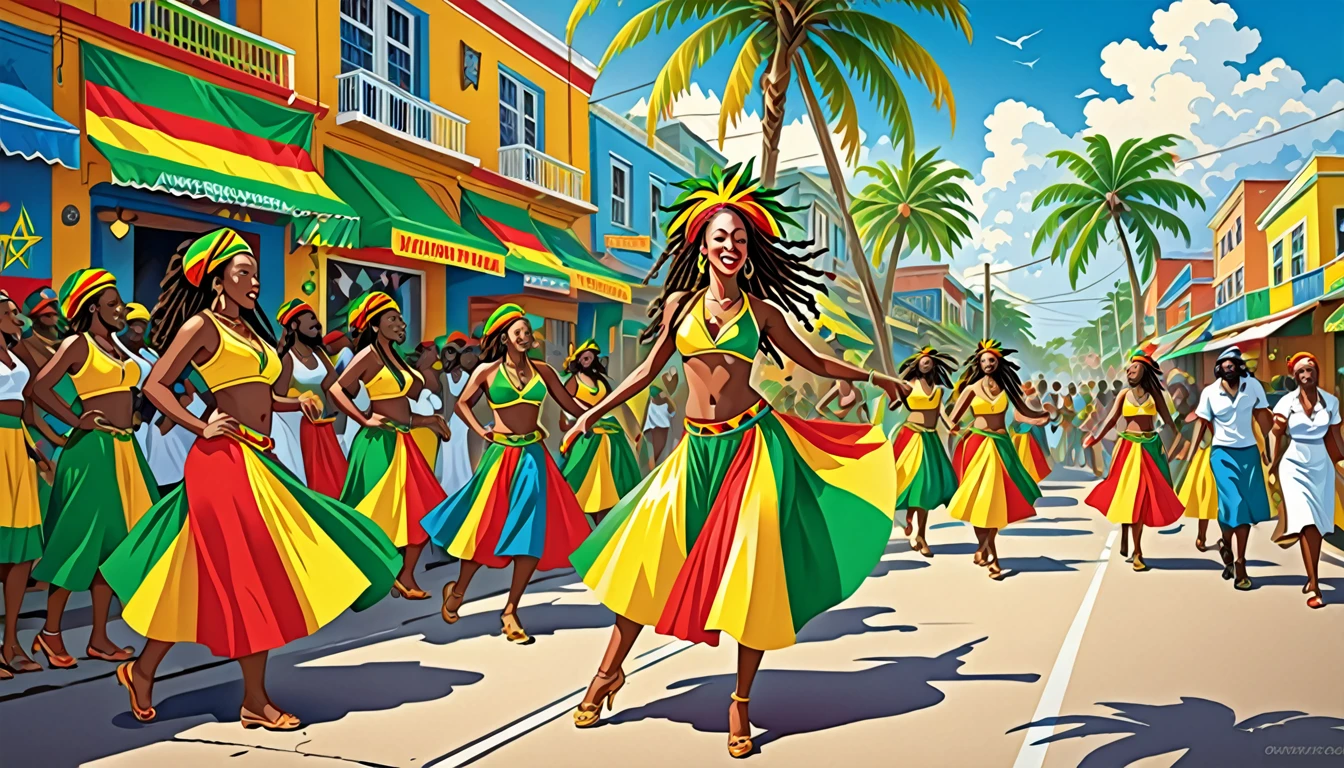 Vector art, Lots of Jamaican Reggae, Authentic Jamaican reggae music atmosphere, Chic colors,Attention to detail, 
Streetscape,Shield of David,Rastafarian,Full Luster Color,Palm tree,Dancer