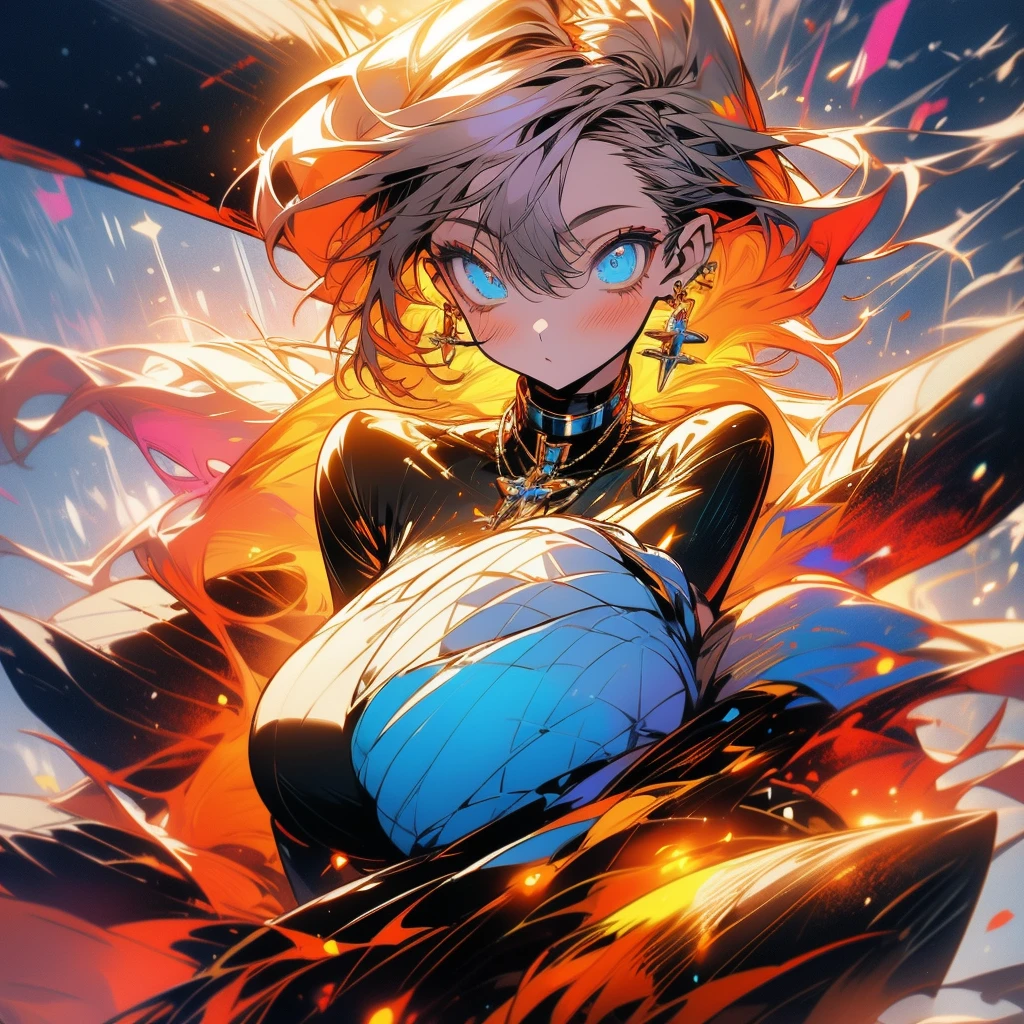 woman,Large, full breasts,Slim body,Transparent dress,Low-cut tube top,High Ponytail,Colorful hair,Suit,black,blue eyes,Well-proportioned body,Korean woman,Realism,comics,(masterpiece), (best quality), (Extremely detailed),(illustration), (1 Girl),Looking at the audience, (interview),Beautiful and delicate eyes, Delicate and beautiful face, floating,(High Saturation),(shining), Chest, yaohu,Law ball, Fox ears, Fox Girl, Cross your legs, thigh