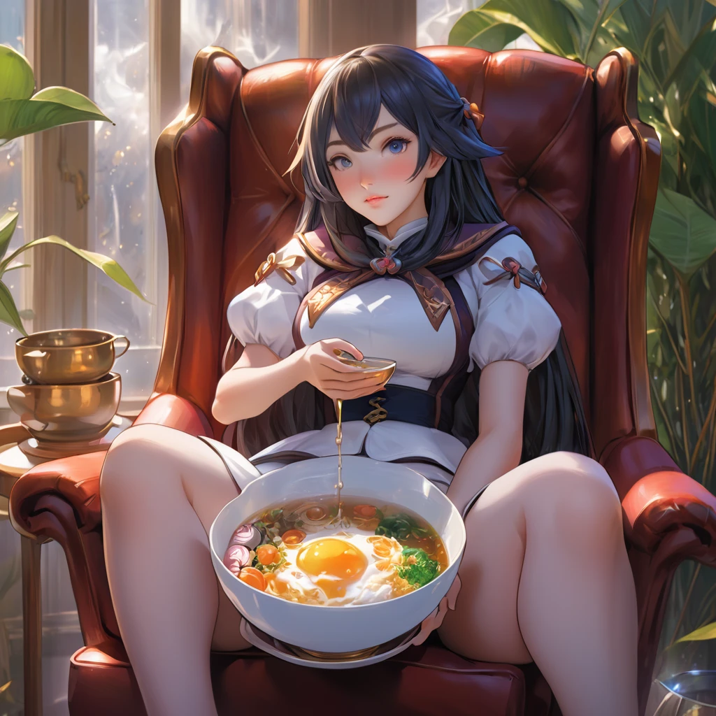 anime girl sitting in chair with a bowl of food in her hand, alchemist girl, light novel cover art, official art, epic light novel art cover, official artwork, epic light novel cover art, , isekai, small curvy , cushart krenz, cushart, cushart krenz key art feminine, shadowverse style, moe