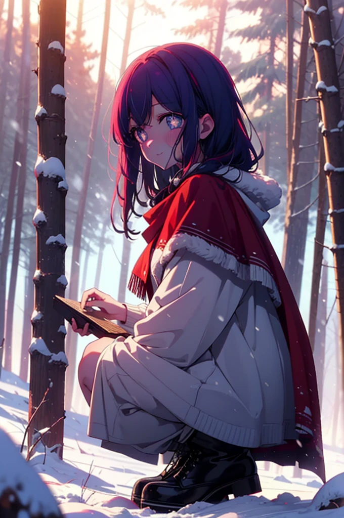 aihoshino, Ai Hoshino, Long Hair, bangs, (Purple eyes:1.1), Purple Hair, (Symbol-shaped pupil:1.5), smile,,smile,blush,white breath,
Open your mouth,snow,Ground bonfire, Outdoor, boots, snowing, From the side, wood, suitcase, Cape, Blurred, , forest, White handbag, nature, Squat, Mouth closed, Cape, winter, Written boundary depth, Black shoes, red Cape break looking at viewer, Upper Body, whole body, break Outdoor, forest, nature, break (masterpiece:1.2), Highest quality, High resolution, unity 8k wallpaper, (shape:0.8), (Beautiful and beautiful eyes:1.6), Highly detailed face, Perfect lighting, Extremely detailed CG, (Perfect hands, Perfect Anatomy),